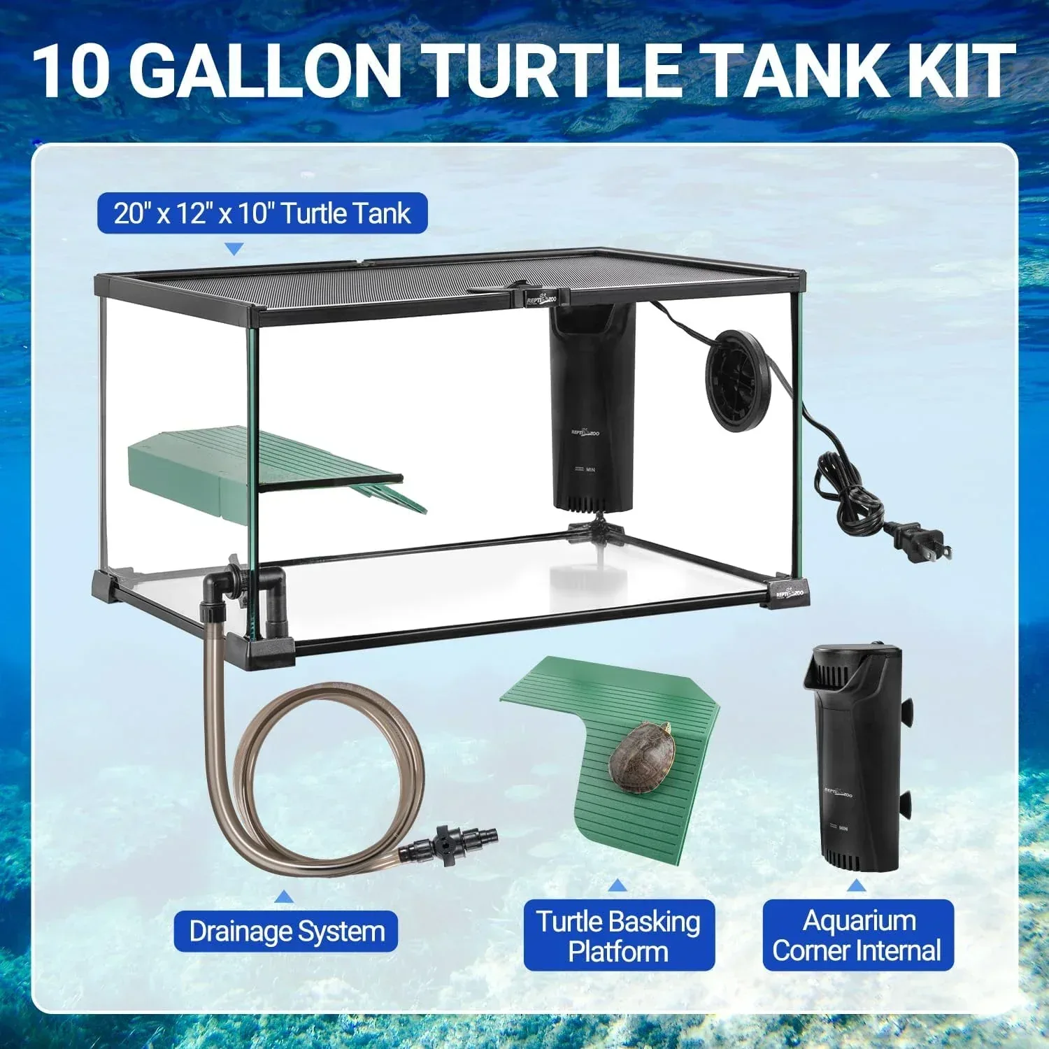 10 Gallon Turtle Tank 20" x 12" x 10" starter Kit with Drainage System, Turtle Basking Platform and Quiet Aquarium Corner Internal Filter - Image 2