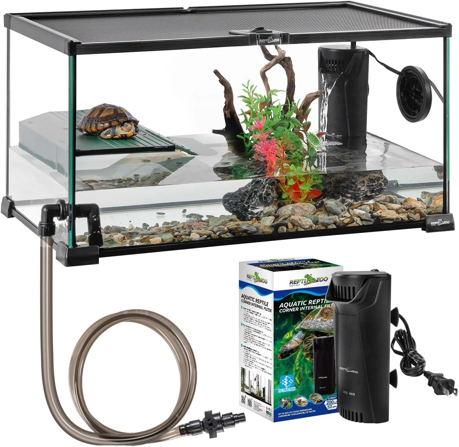 10 Gallon Turtle Tank 20" x 12" x 10" starter Kit with Drainage System, Turtle Basking Platform and Quiet Aquarium Corner Internal Filter