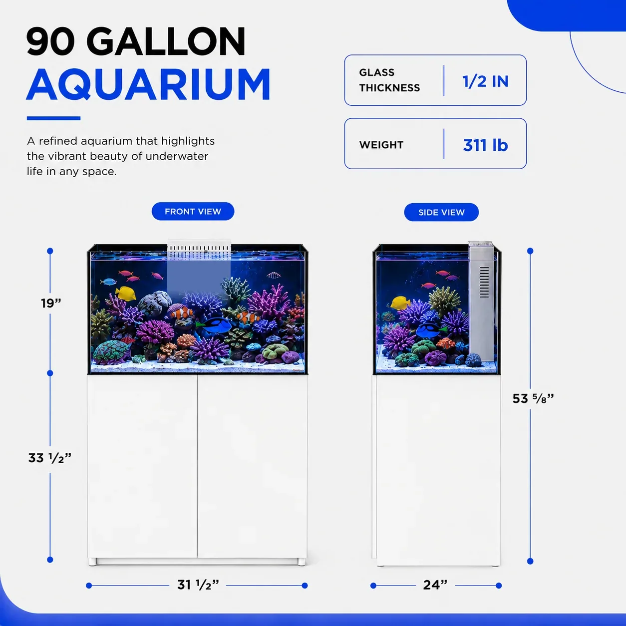100 Gallon Coral Reef Aquarium Ultra Clear Glass Tank & Built in Sump White - Image 2
