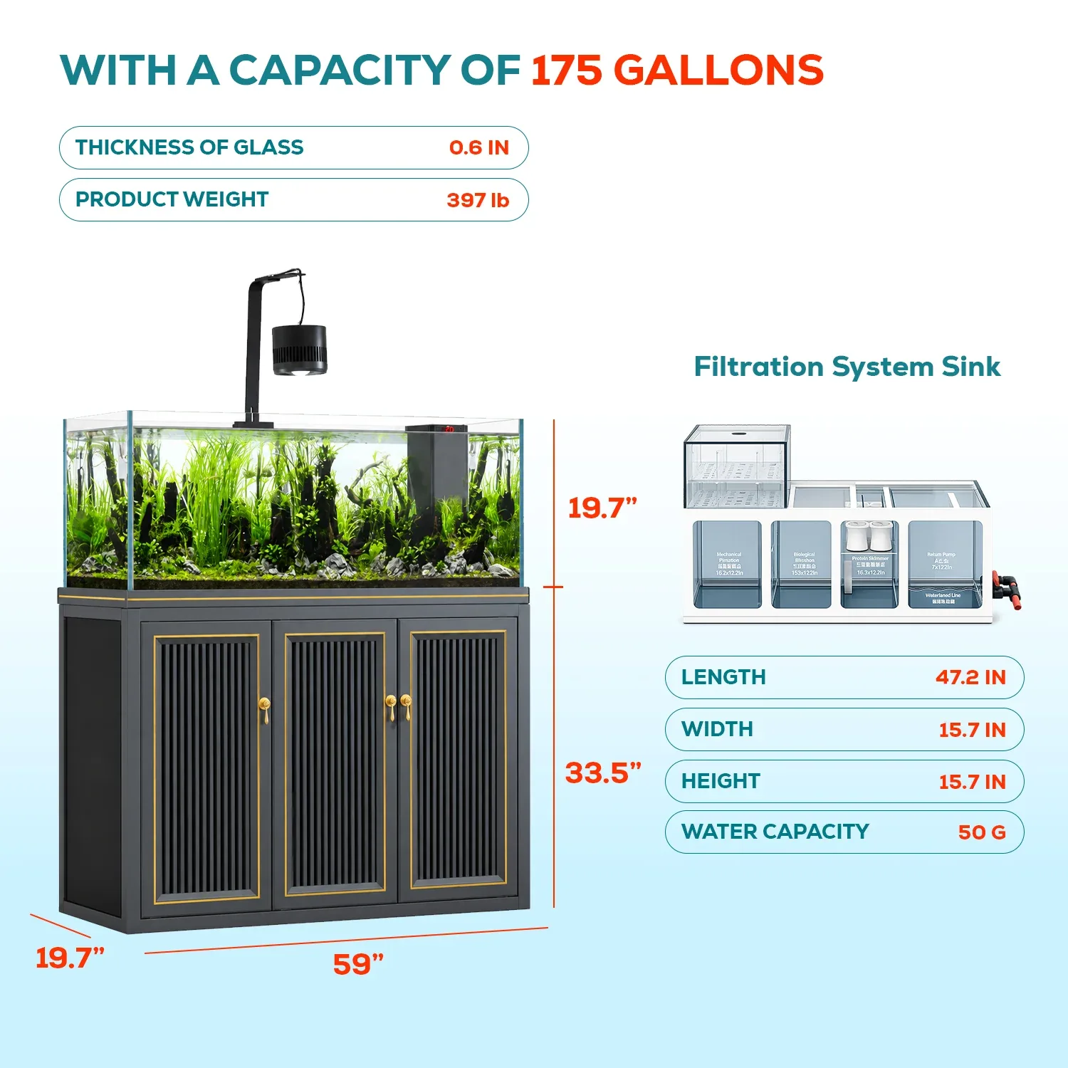 175 Gallon Plants Ranchu Aquarium with Ultra Clear Glass and Built in Sump All Black - Image 2