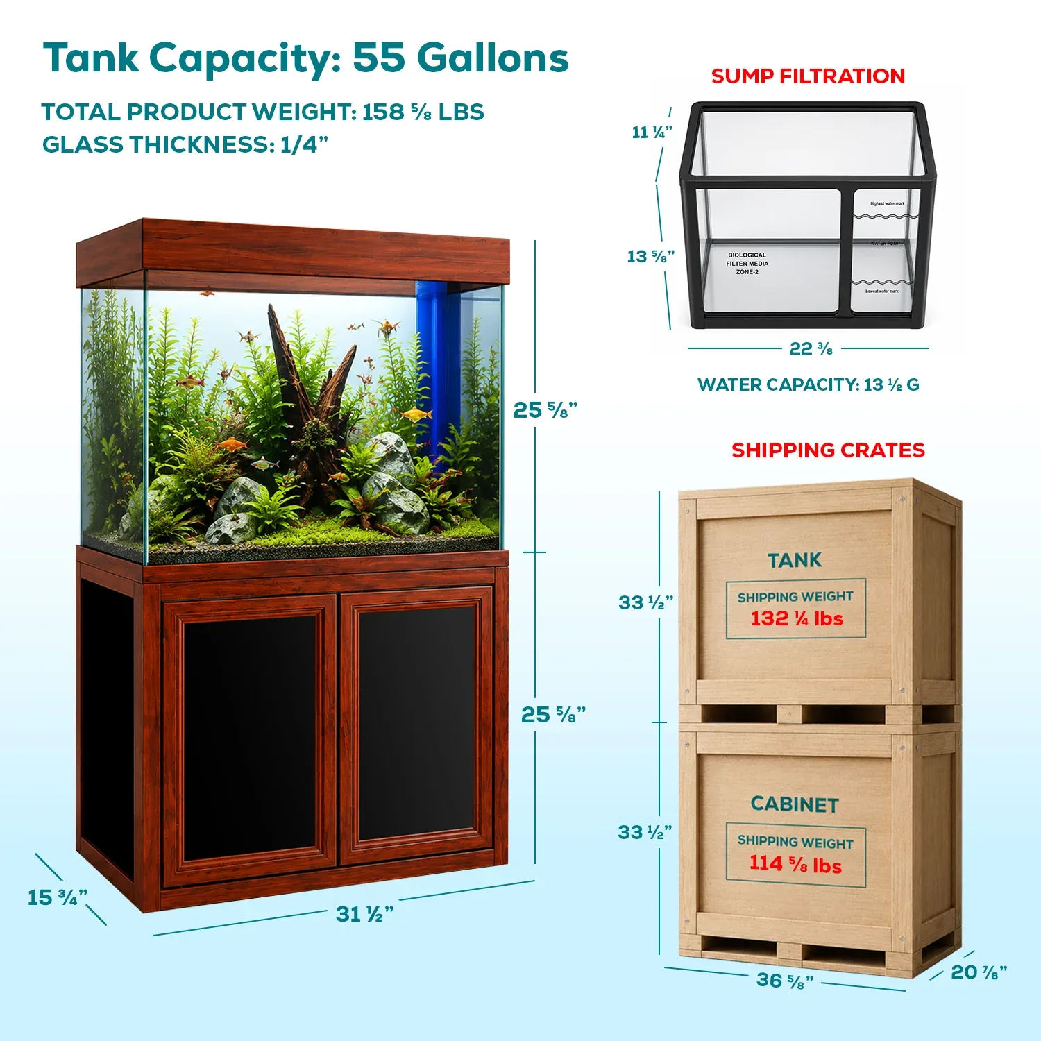 50 Gallon Aquarium with Cabinet Stand | Modern Glass Fish Tank - Redwood - Image 2
