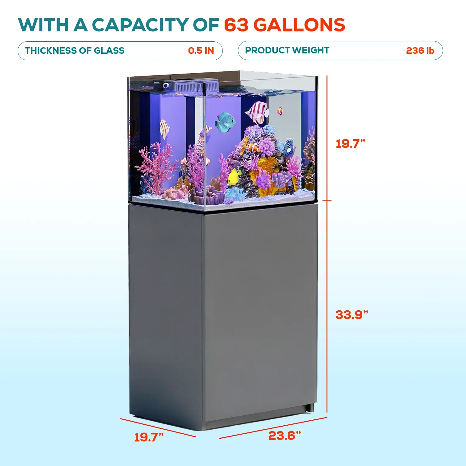 63 Gallon Coral Reef Aquarium Ultra Clear Glass Tank & Built in Sump Silver - Image 2