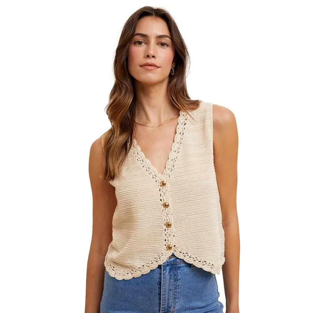 Anniewear Women's Oatmeal Crochet Button down Vest
