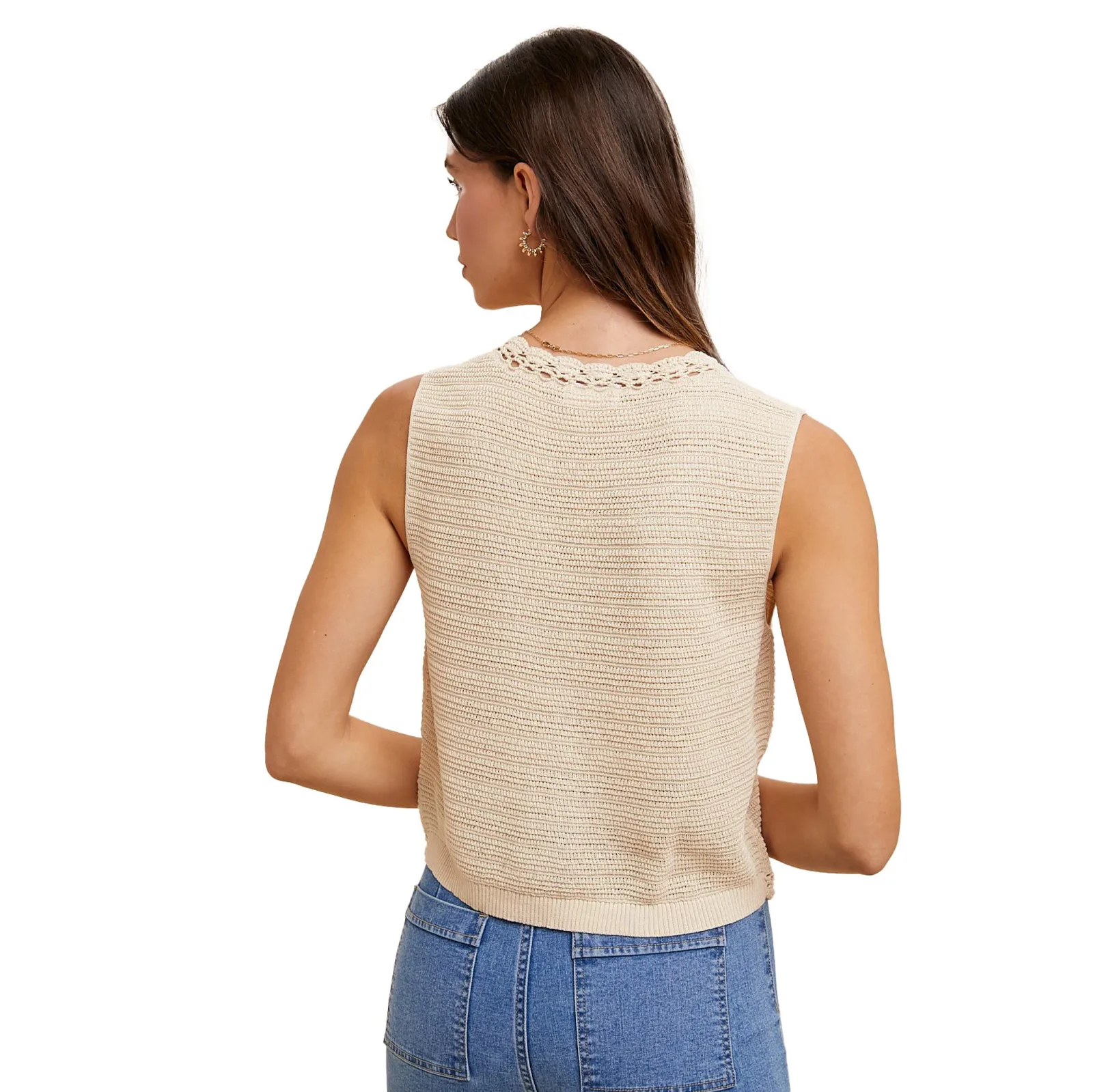 Anniewear Women's Oatmeal Crochet Button down Vest - Image 2
