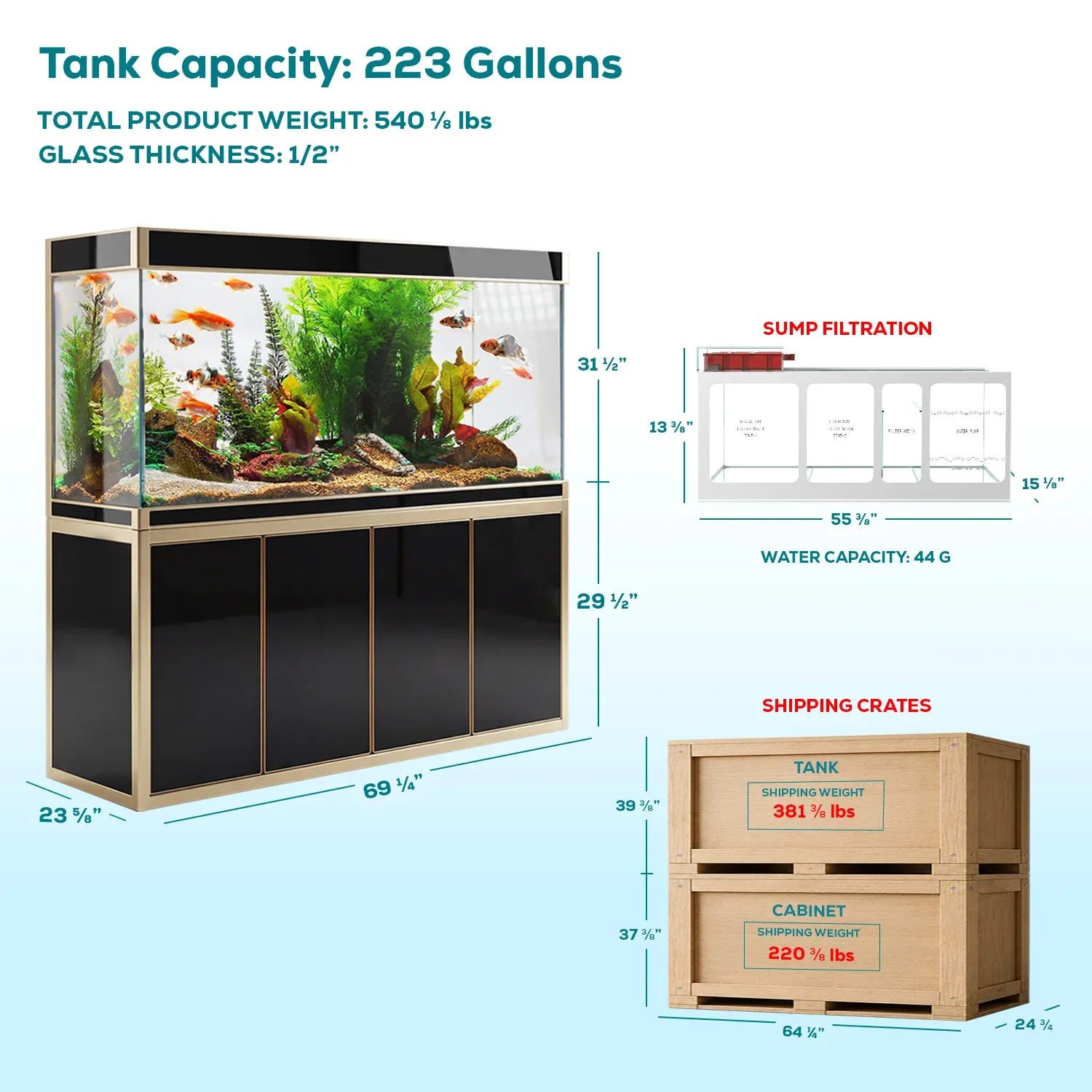 Aqua Dream Fish Tank 220 Gallon Tempered Glass Aquarium Black and Gold - Image 2