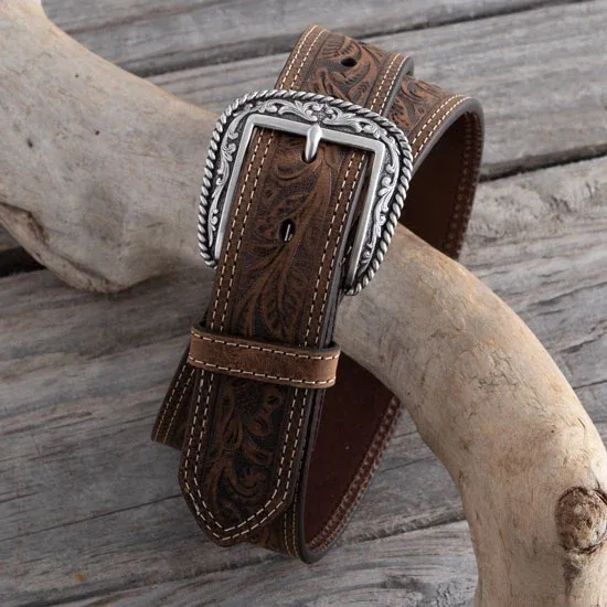 Ariat Men's 1 1/2in. Brown Tooled Double Stitch Belt - Image 2