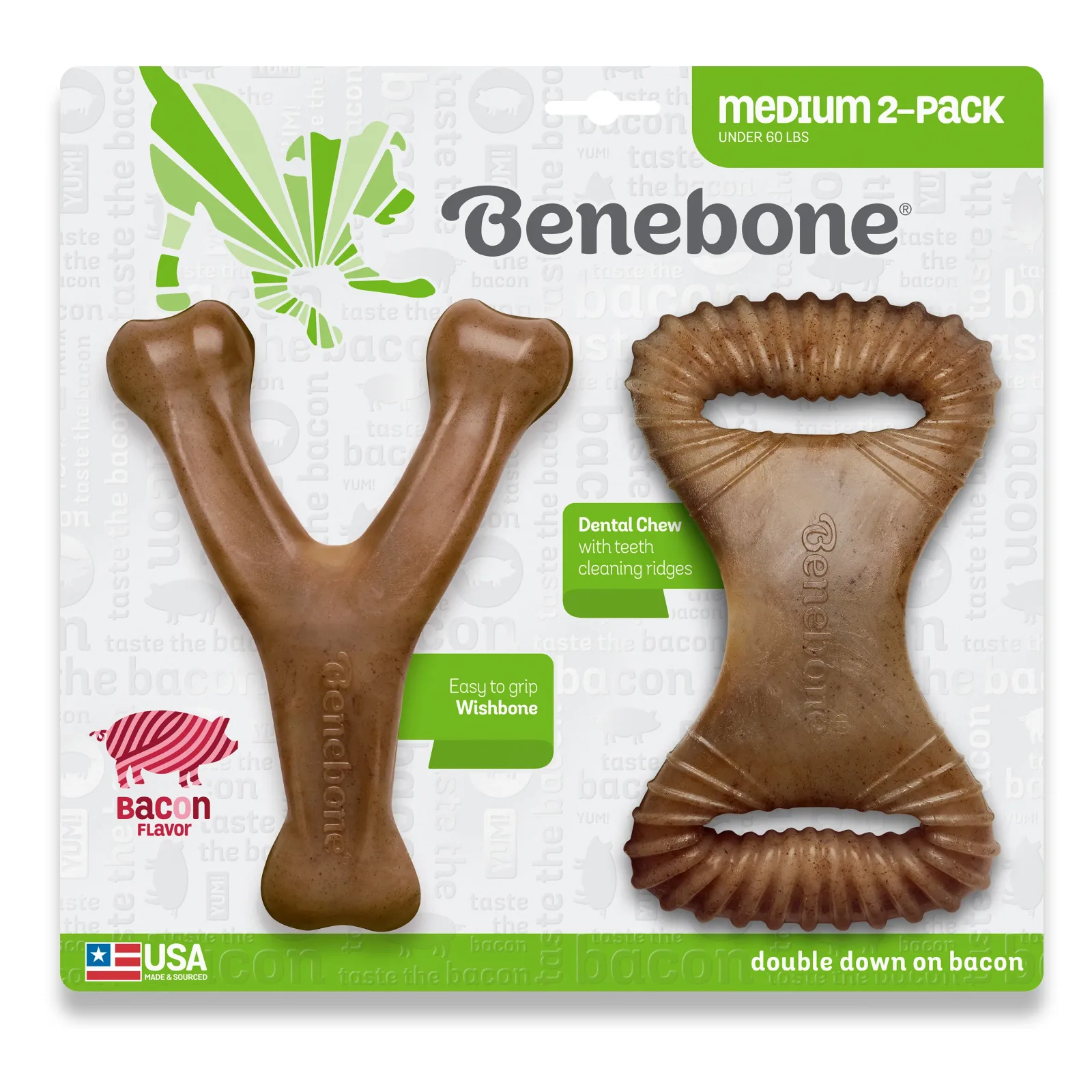 Benebone Dental Chew & Wishbone Dog Chew Toy Bacon Medium|2 pk