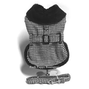 Black and White Classic Houndstooth Dog Harness Coat with Leash - Image 2