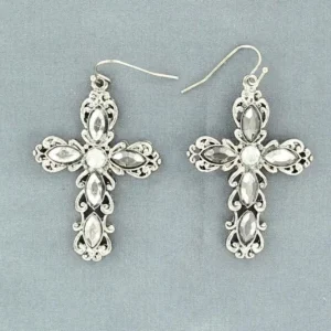 Blazin Roxx Ornate Crystal Cross EarringsBk/Wh