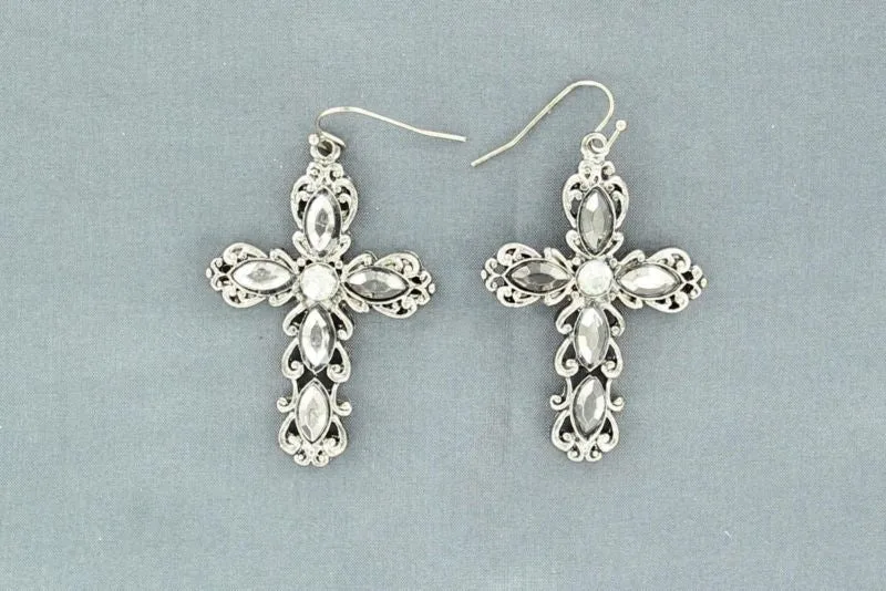 Blazin Roxx Ornate Crystal Cross EarringsBk/Wh