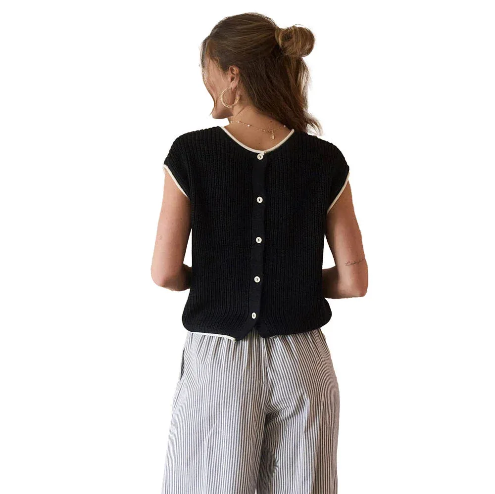 Blu Pepper Womens Black Contrast Trim Short Sleeve Knit Sweater Top - Image 2