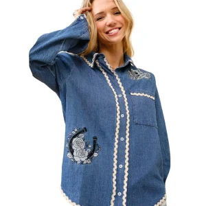Blue B Women's Indigo Ric Rac Embroidered Top