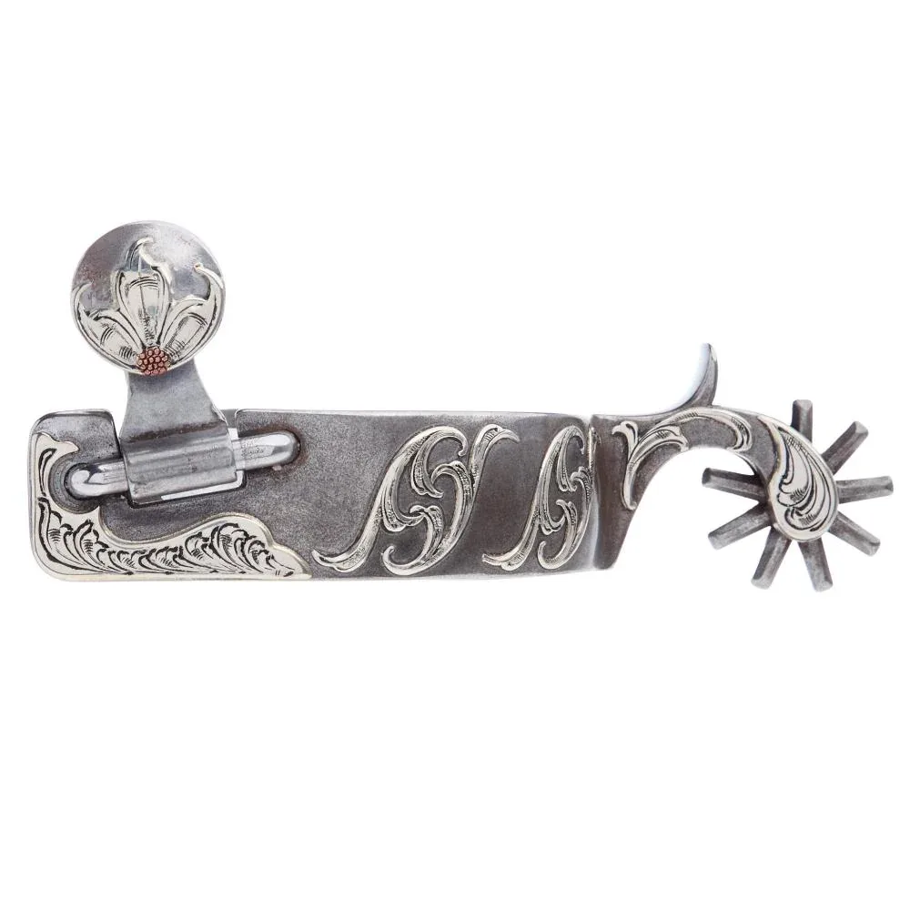 Brandon Anthony Bit & Spur Co. Silver Floral Bar Scroll Mens 1 7/8 Inch Band Western Spurs with 9 Point Rowel