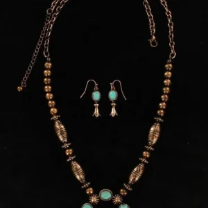 Burnished Embossed Stone Neck/Ear SetCop/Turq
