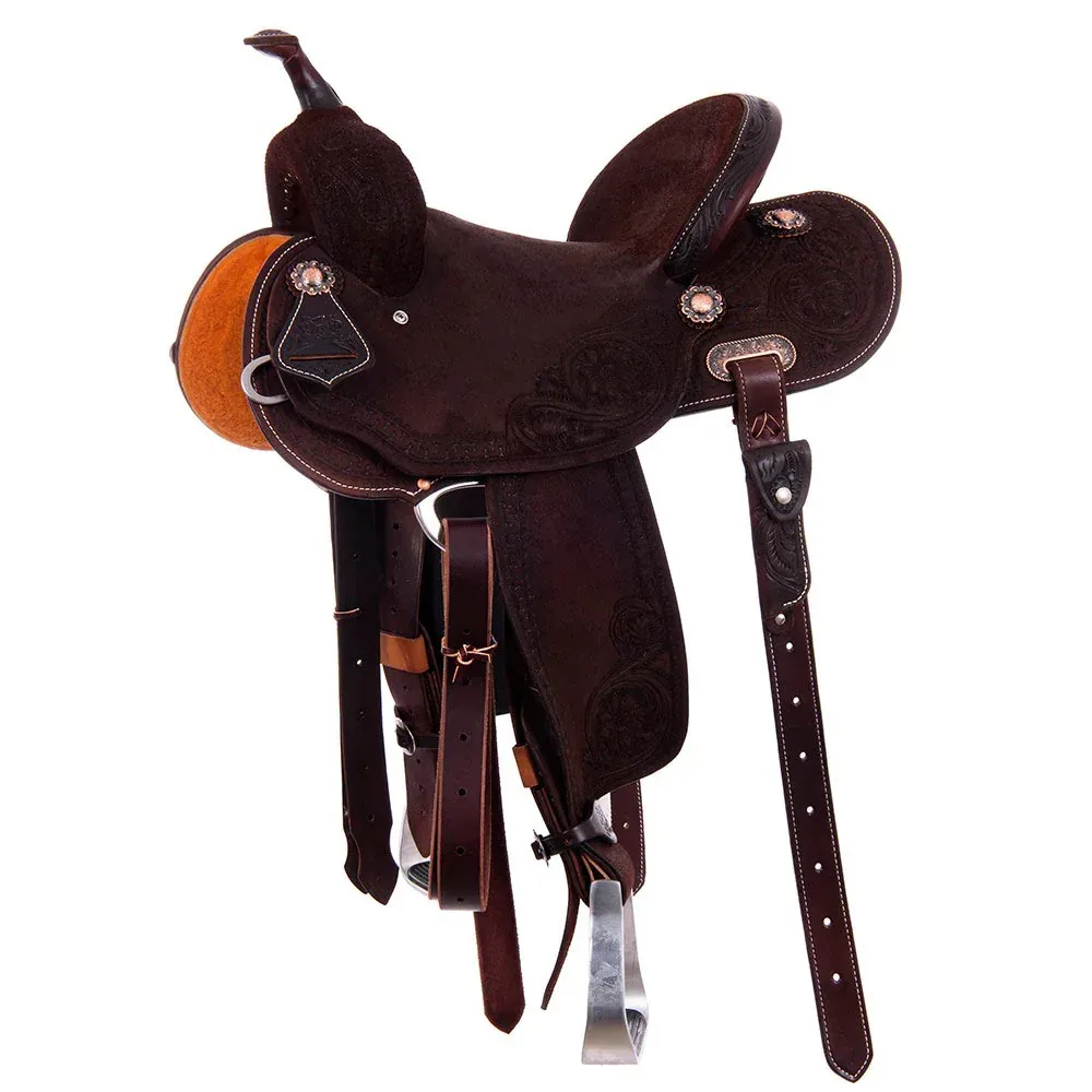 Burns Saddlery 1430HD Chocolate Roughout Tooled 14inch Barrel Saddle
