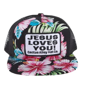 Cactus Alley Hat Co Black Floral Jesus Loves You Cap