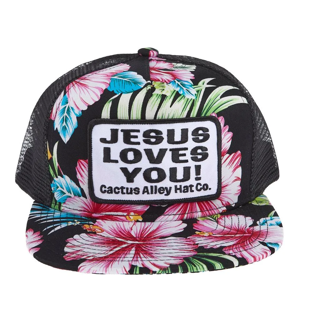 Cactus Alley Hat Co Black Floral Jesus Loves You Cap