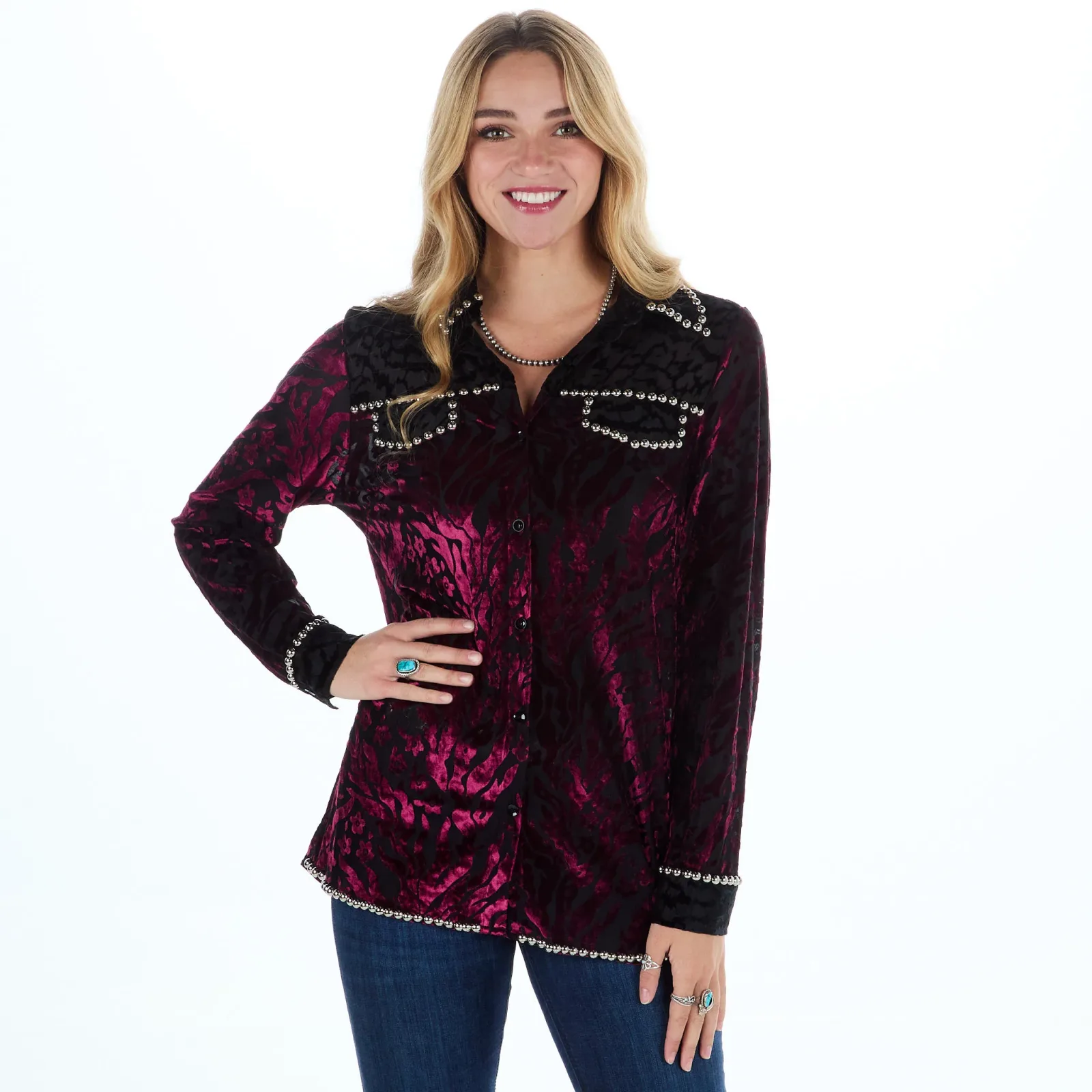 Ciello Womens Black Burgundy Studded Shirt - Image 2