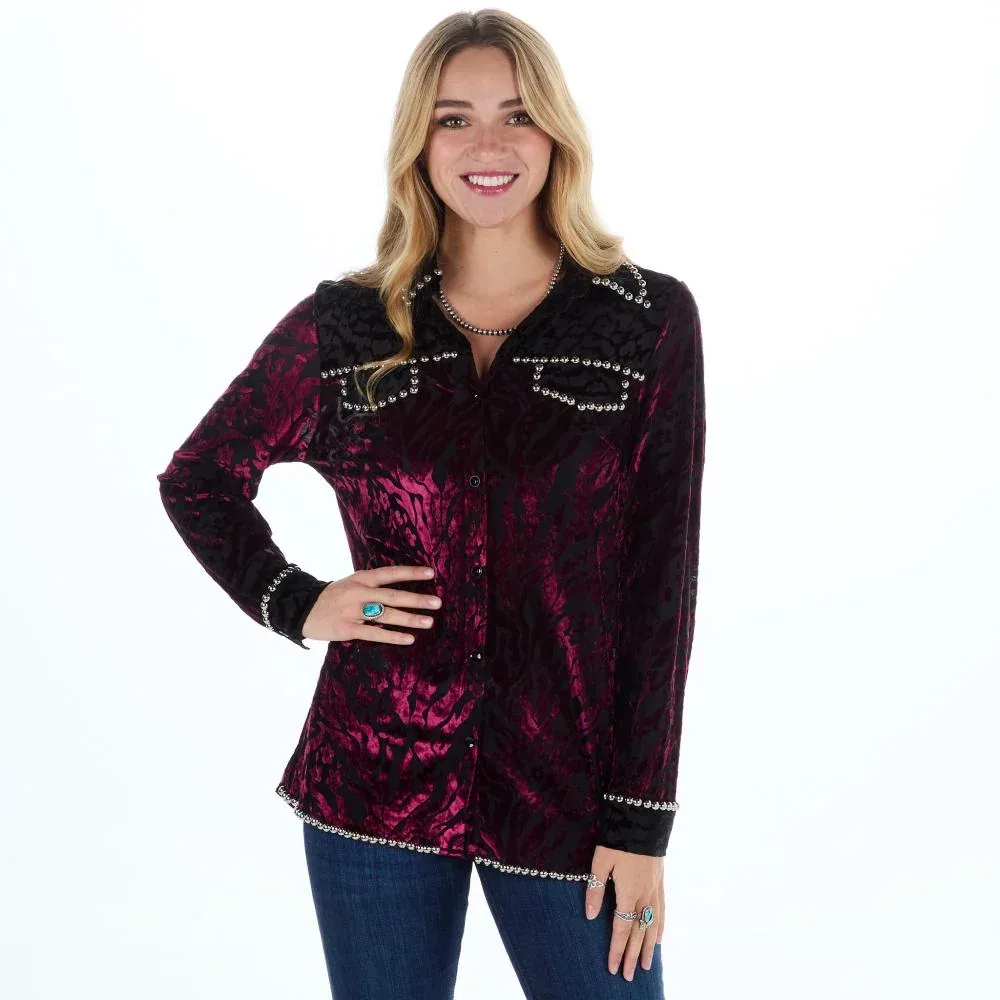 Ciello Womens Black Burgundy Studded Shirt