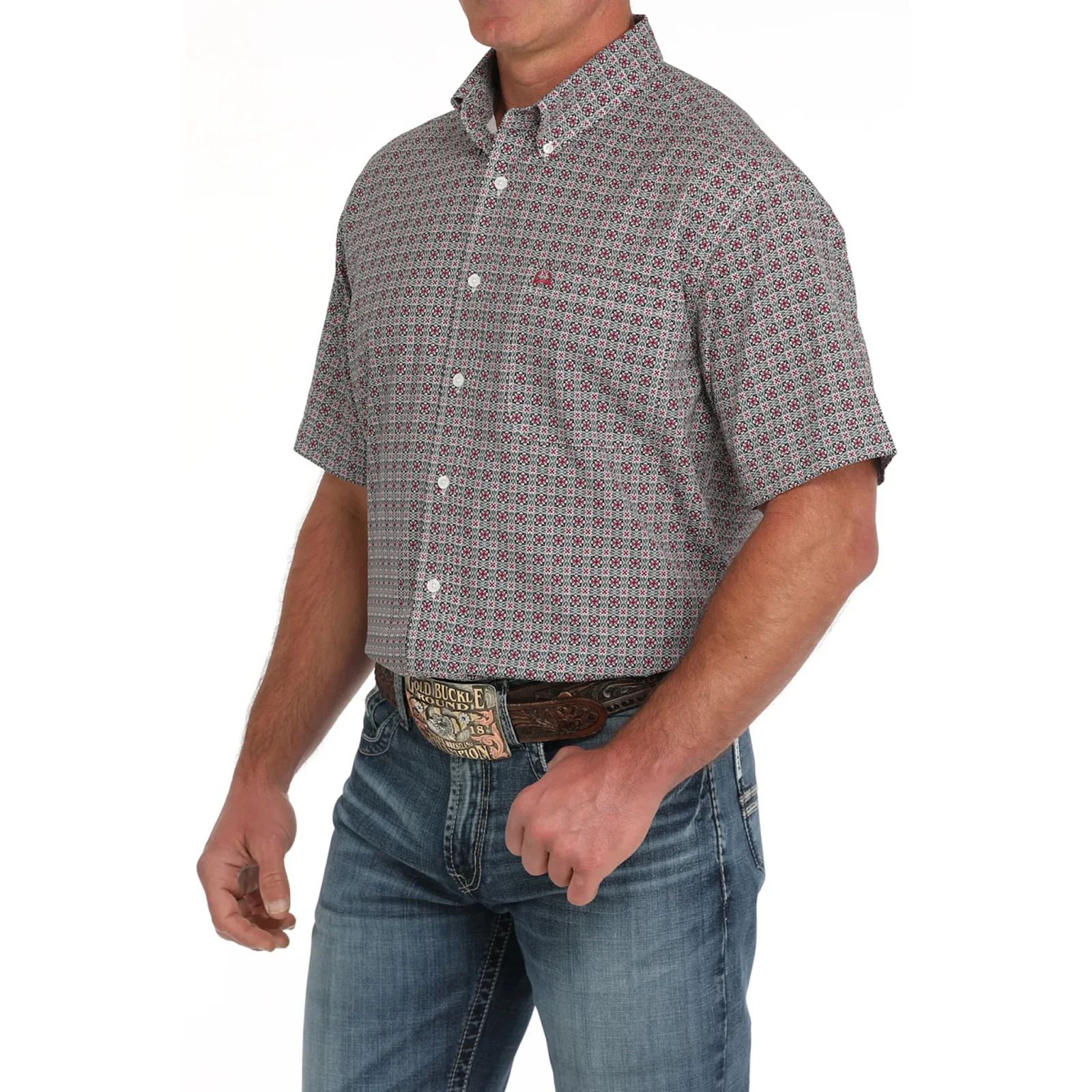 Cinch Mens Arena Flex Red Print Short Sleeve Button Down Shirt - Image 2