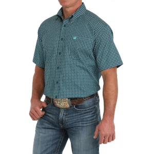 Cinch Mens Blue Plaid Print Short Sleeve Button Down Shirt