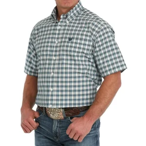 Cinch Mens Cream Plaid Short Sleeve Button Down Shirt