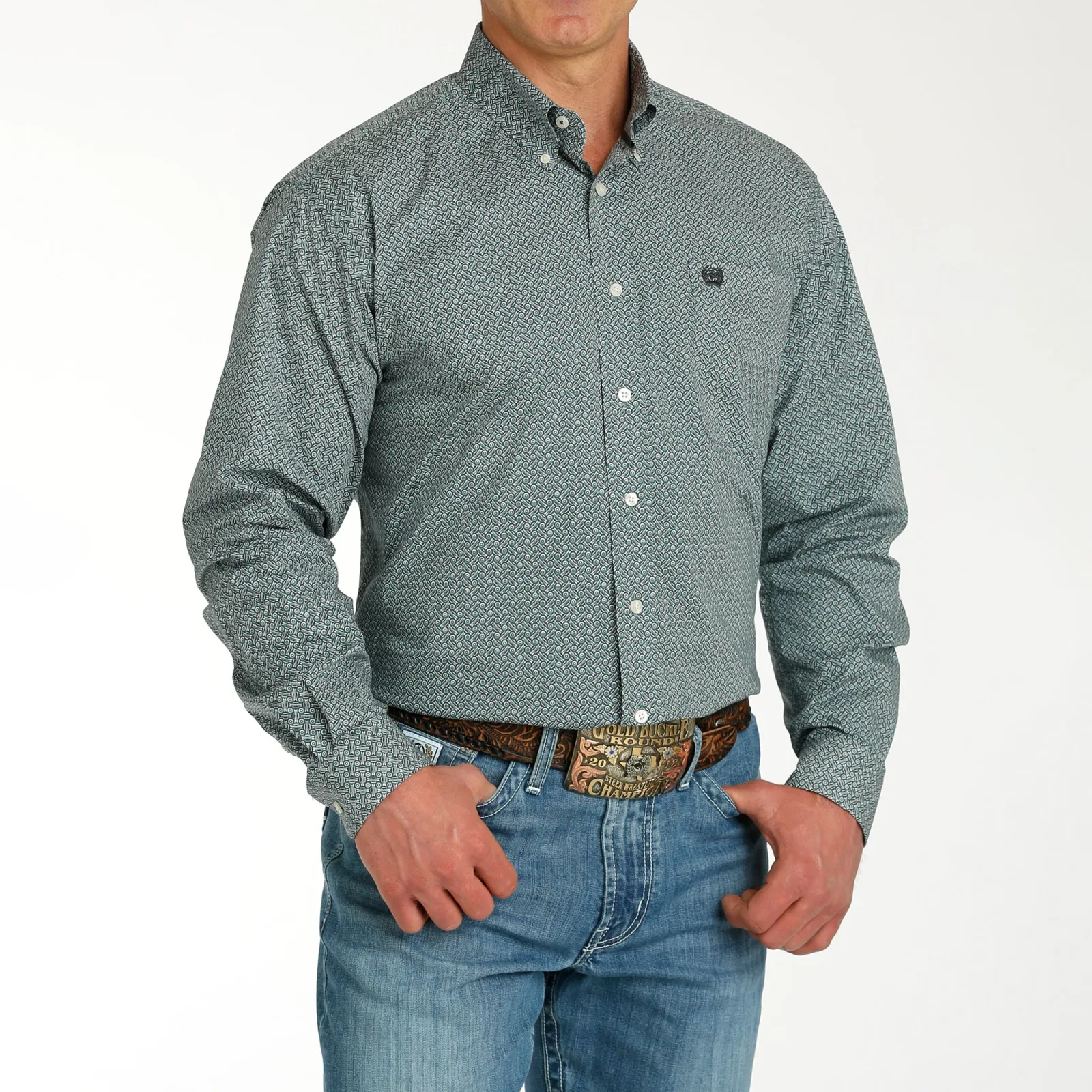 Cinch Men's Green Printed Long Sleeve Button Down - Image 2