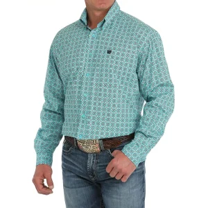 Cinch Mens Turquoise Print Long Sleeve Button Down Shirt
