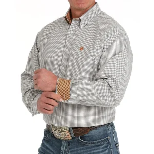 Cinch Mens White Plaid Classic Fit Long Sleeve Button Down Shirt