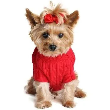 Combed Cotton Cable Knit Dog Sweater - Fiery Red - Image 2