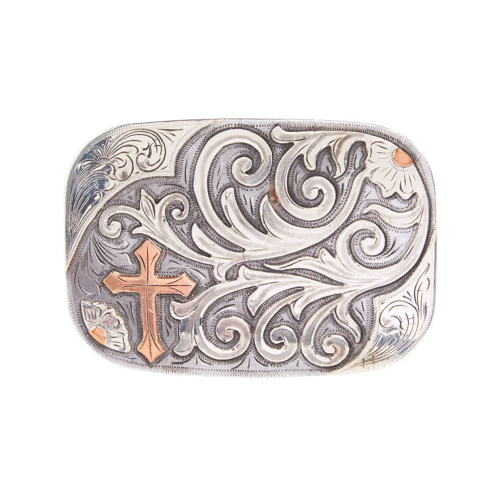 Cowperson Tack Copper Cross Belt Buckle with Scroll Silver Engraved Iron - Image 2