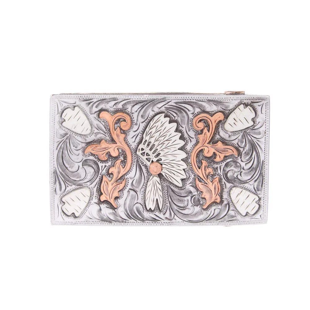 Cowperson Tack Indian Headress Belt Buckle with Copper Scroll Headresses and Engraved Iron