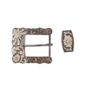 Cowperson Tack Splash Buckle Set with Scroll Silver Engraved Iron
