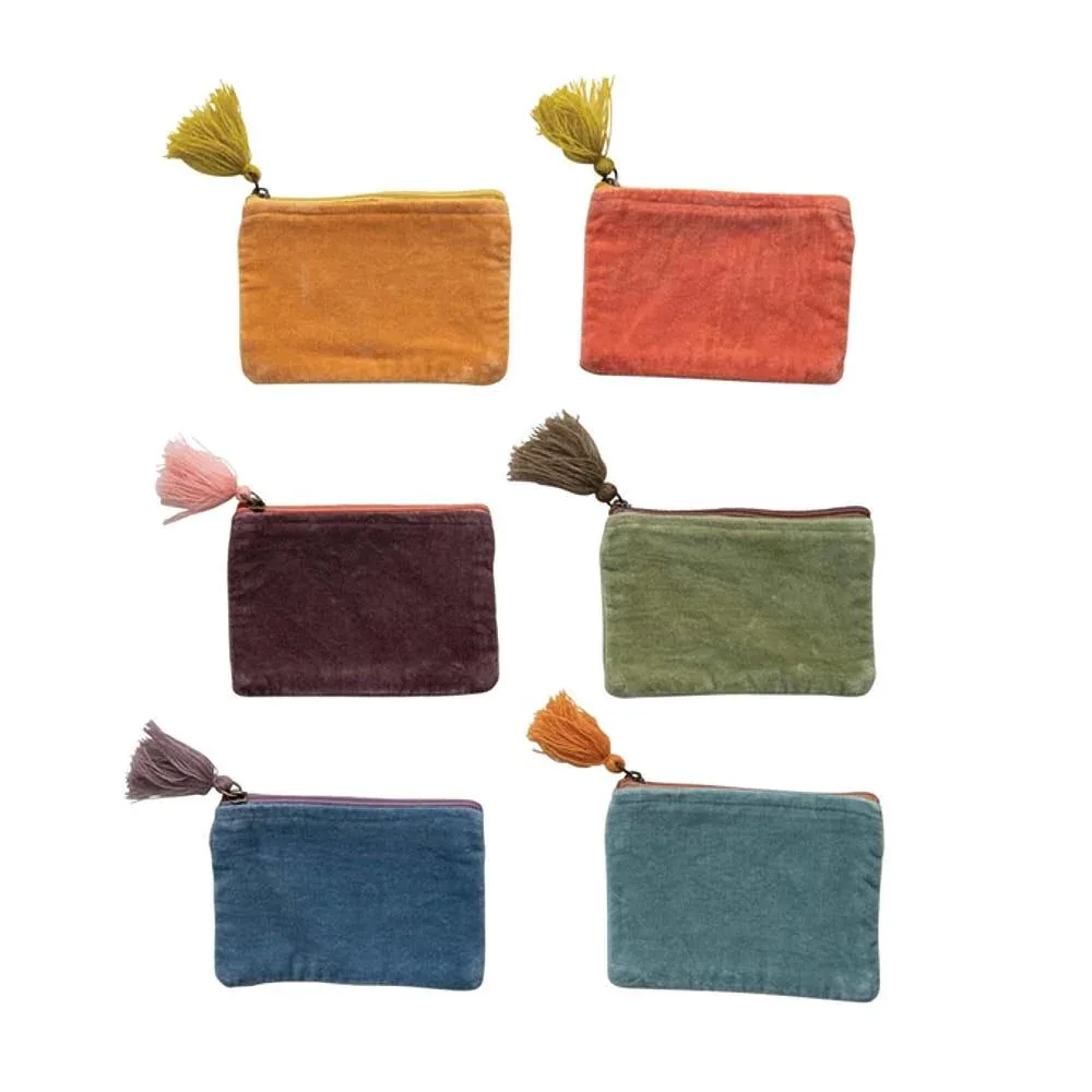 Creative Co-Op Cotton Velvet Zip Pouch w/ Tassel