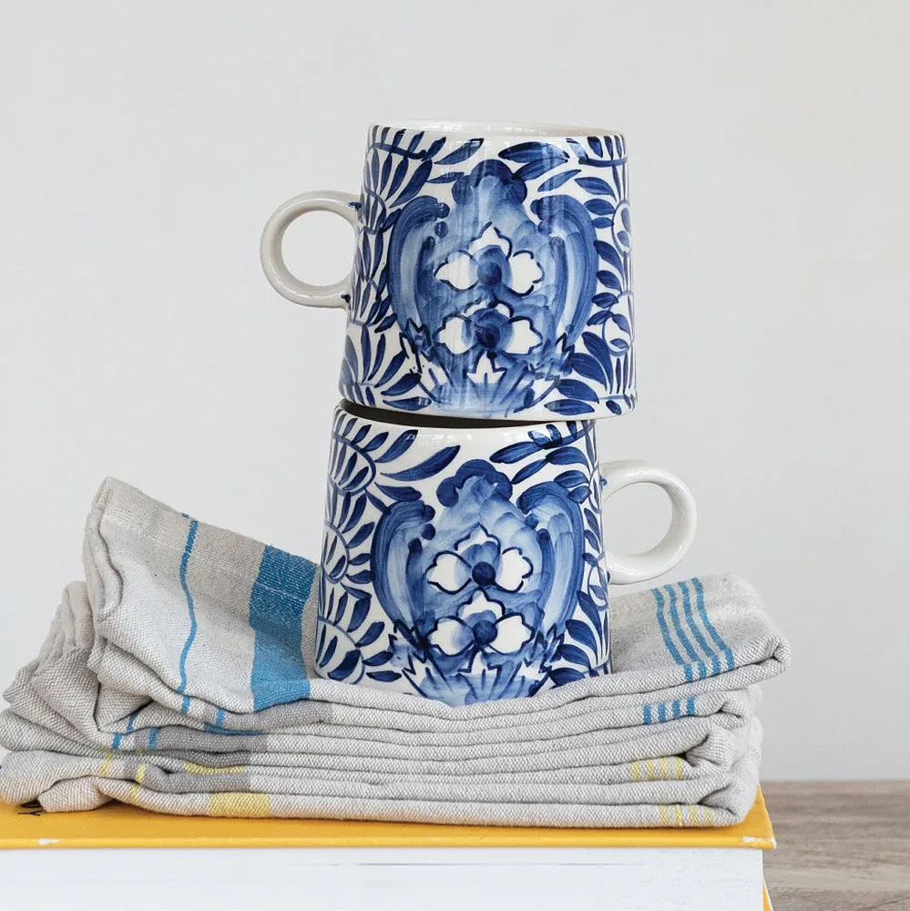 Creative Co-Op Cream/Blue Hand Painted Stoneware Mug - Image 2