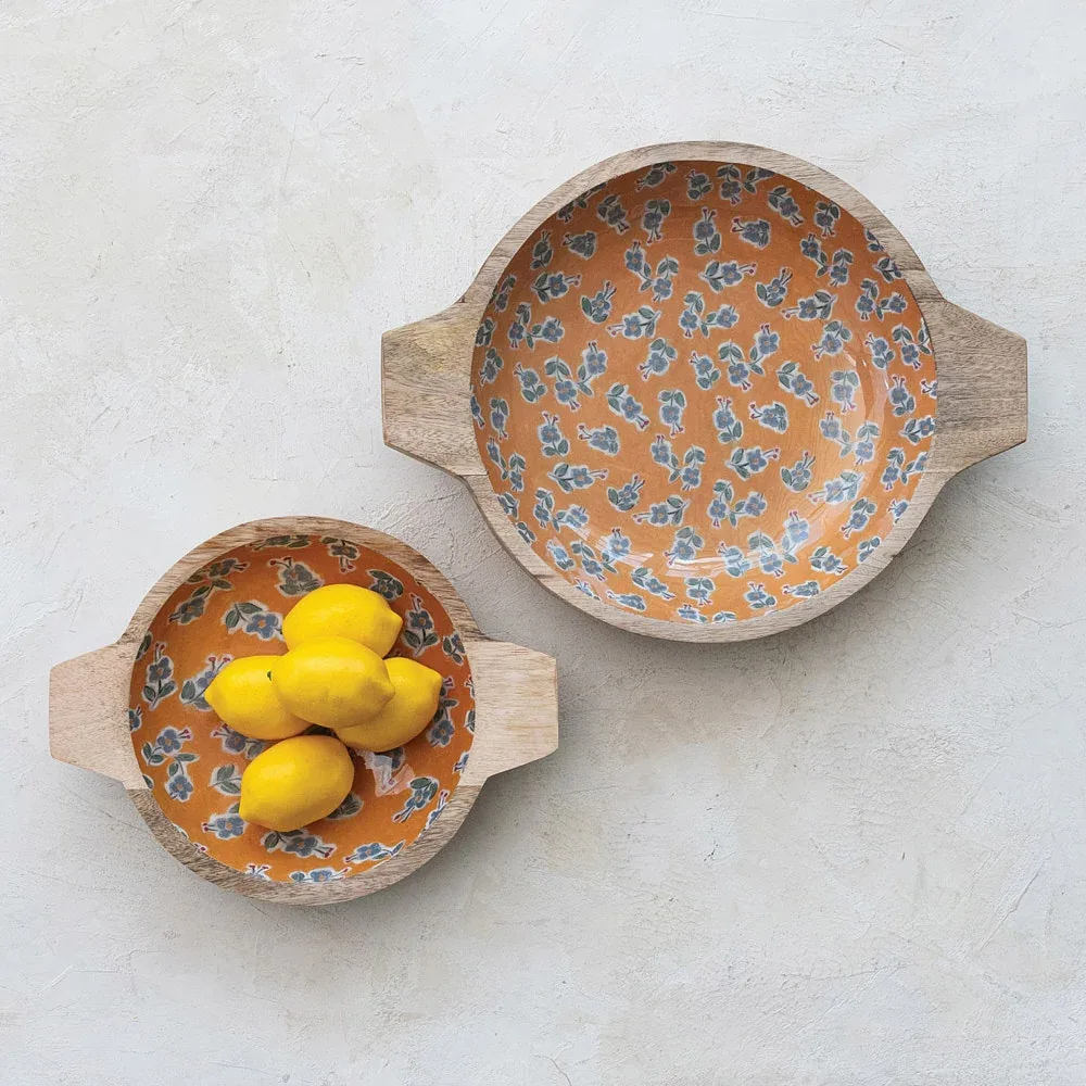 Creative Co-Op Floral Enameled Mango Wood Bowl Set of 2 - Image 2