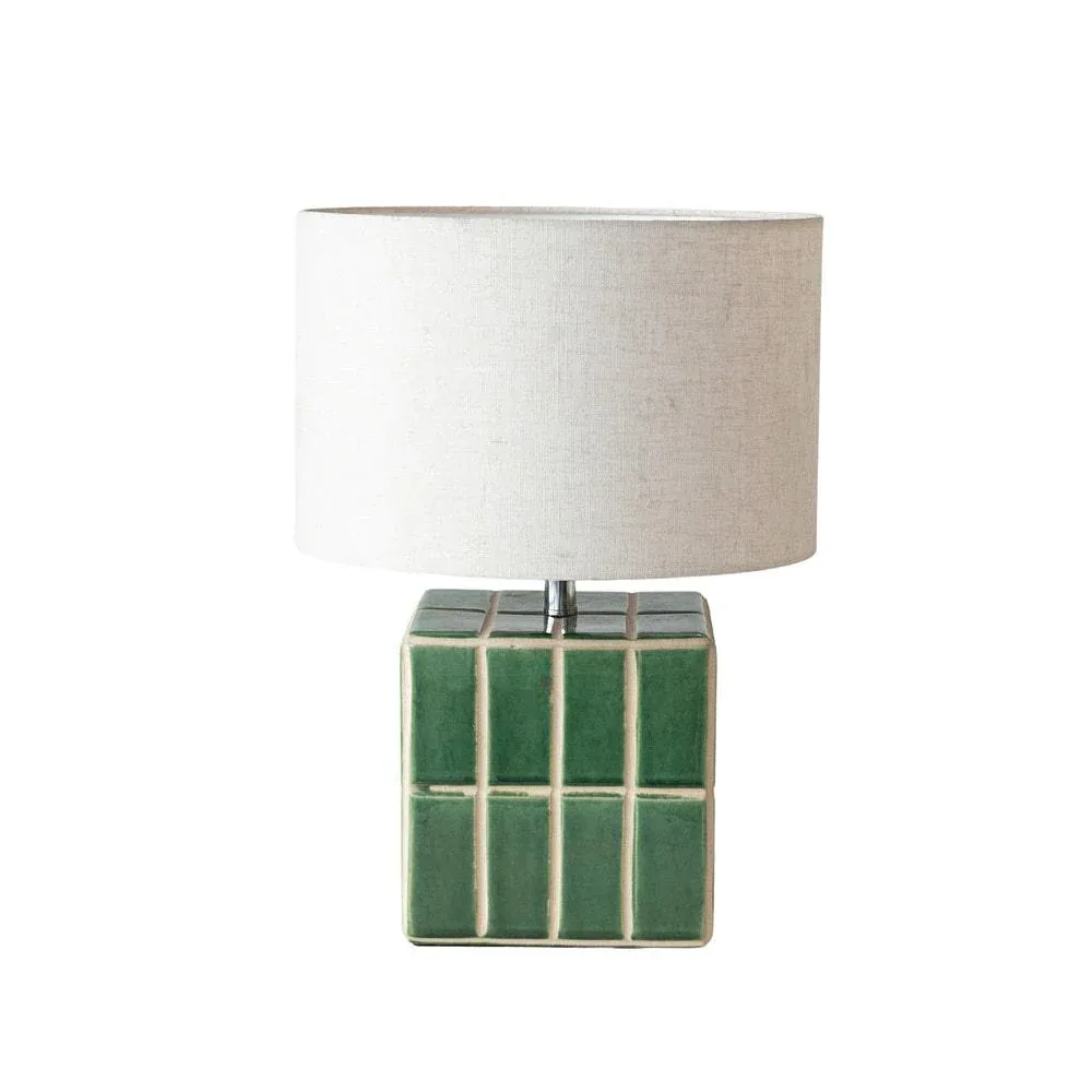 Creative Co-Op Green Ceramic Tiled Table Lamp with Linen Shade