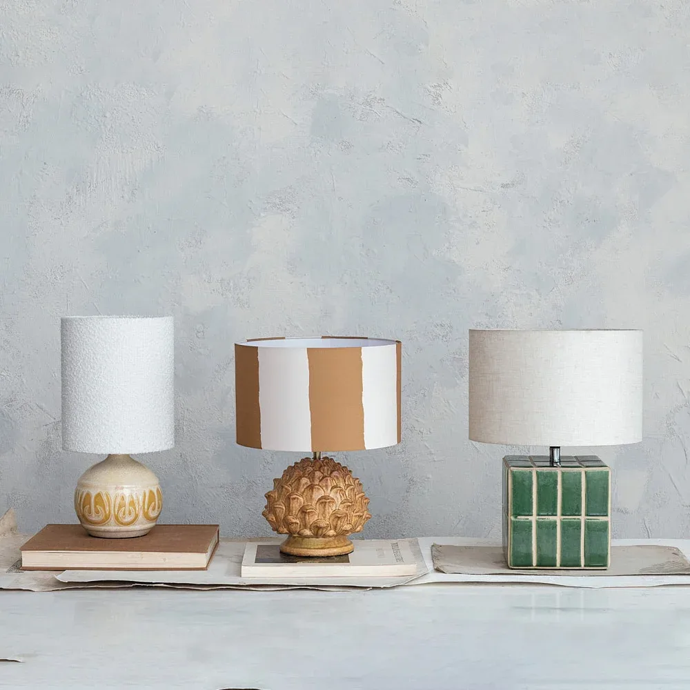 Creative Co-Op Green Ceramic Tiled Table Lamp with Linen Shade - Image 2