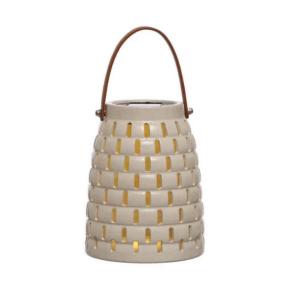 Creative Co-Op Stoneware LED Solar Powered Waterproof Lantern