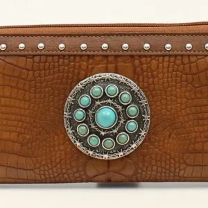 Croc Nailhead Stone Concho Zip Wallet Tur/Brn
