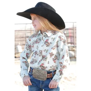 Cruel Denim Girl's Rodeo Print Rhinestone Snap Shirt