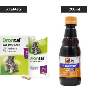 Drontal Plus Tasty Deworming Tablet for Dogs (6 Tabs) and Mankind Hepamust Liver Tonic 200ml Combo