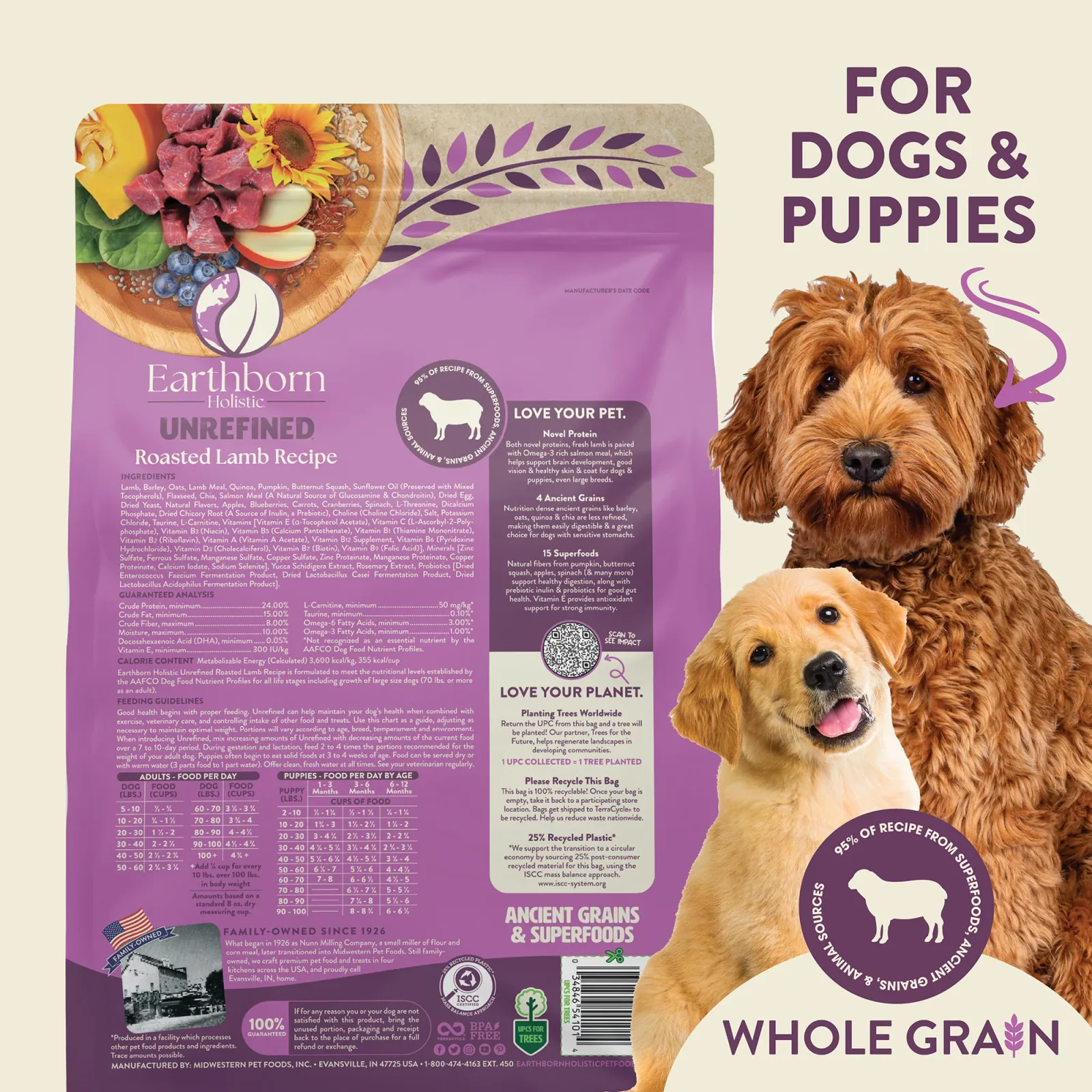 Earthborn Holistic Unrefined Roasted Lamb with Ancient Grains & Superfoods Dry Dog Food 25 lb - Image 2