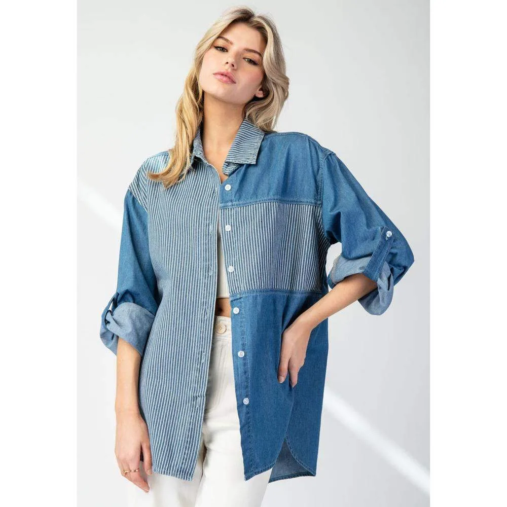 Ee Some Women's Denim Pinstripe Colorblock Top