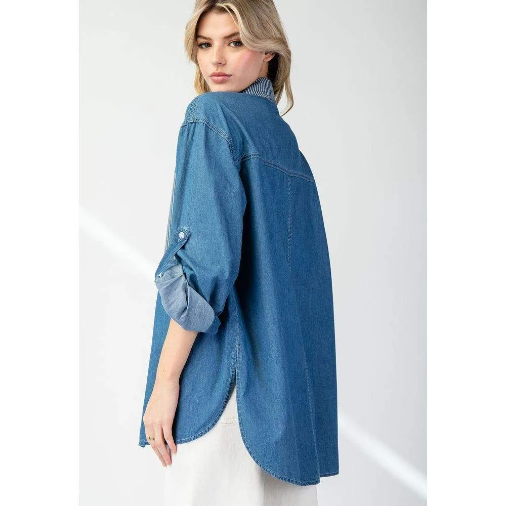 Ee Some Women's Denim Pinstripe Colorblock Top - Image 2
