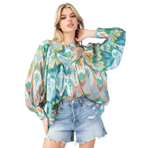 Ee Some Womens Juniper Green Multi Print Blouse