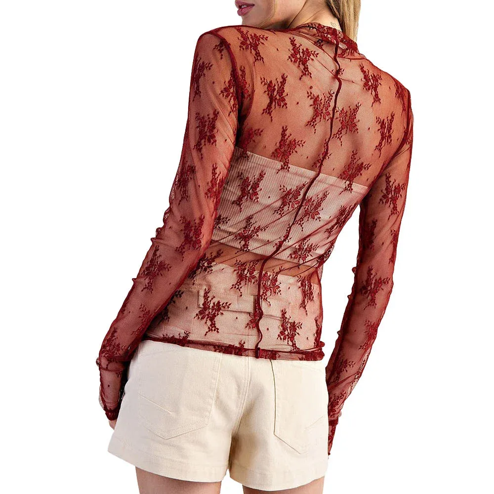 Ee Some Women's Wine Sheer Lace Top - Image 2
