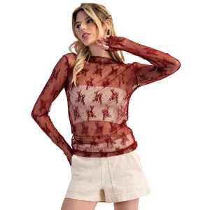 Ee Some Women's Wine Sheer Lace Top