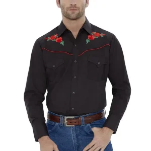 Ely Cattleman Long Sleeve Mens Rose Embroidered Black Shirt