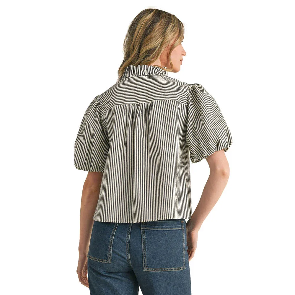 En Merci En Wom Denim Blue Stripe Ruffle Top - Image 2